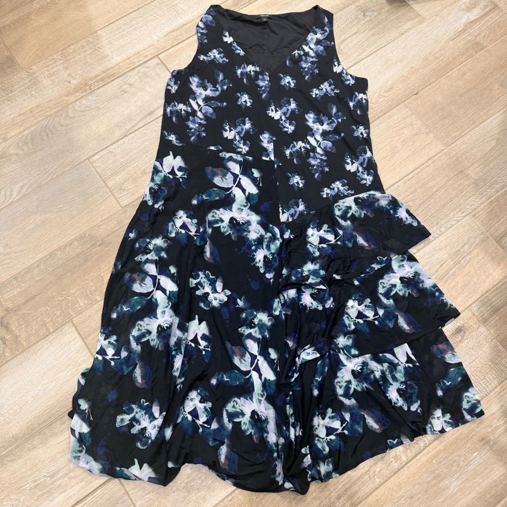 Simply Vera Vera Wang Blue Floral Asymmetrical Ruffle Midi Dress Womens Large